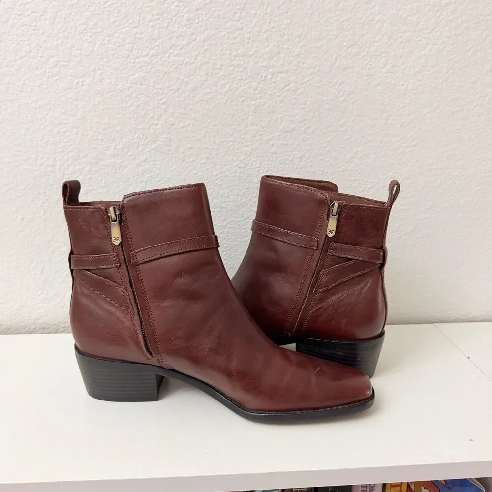 Sam Edelman Brown Leather Ankle Boots Women's Size 10 Gold Horsebit Block Heel